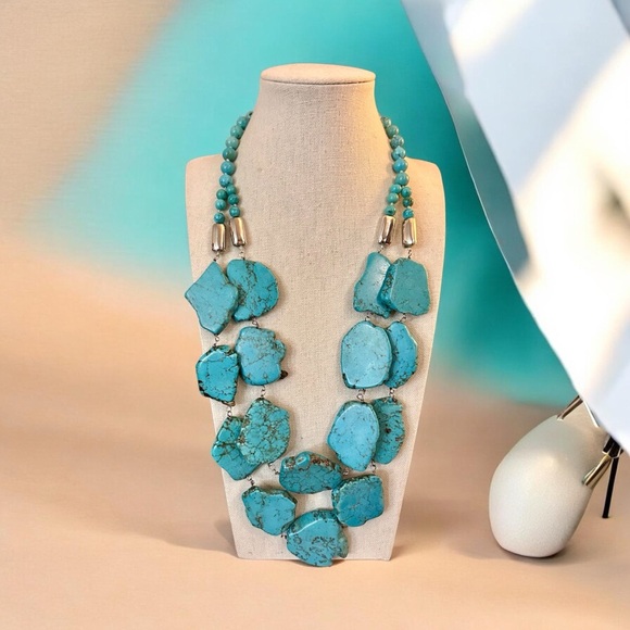 Artisan Jewelry - Chunky Turquoise Slab Artisan Statement Necklace Bohemian